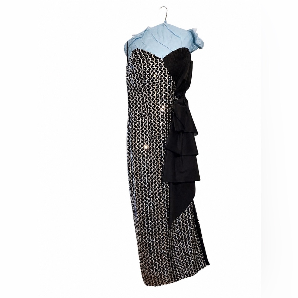 Vintage Strapless Sequin Dress Black Silver Cocktail w/ Bow Statement small